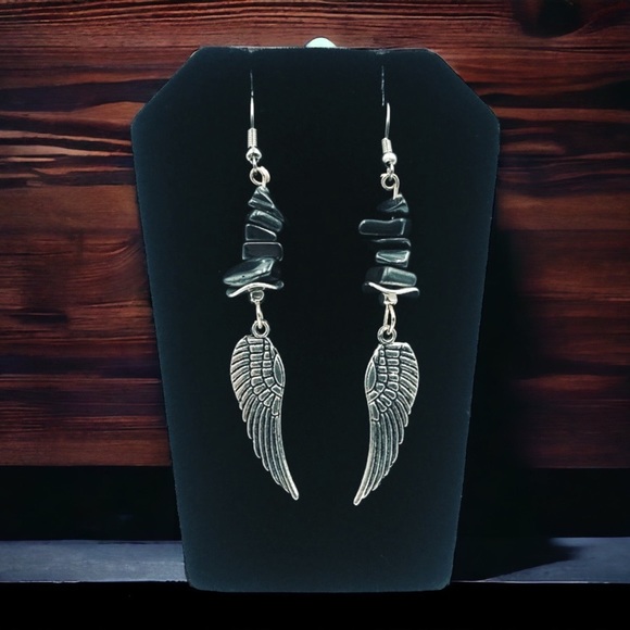 Genuine Hematite angel wings dangly earrings - Picture 5 of 7